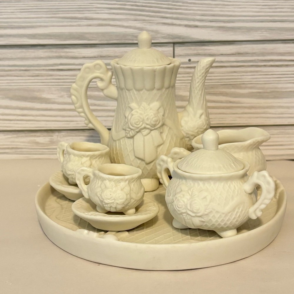 Vintage Tea Set 10 Piece White Porcelain Bisque Rose Pattern Dollhouse Decor